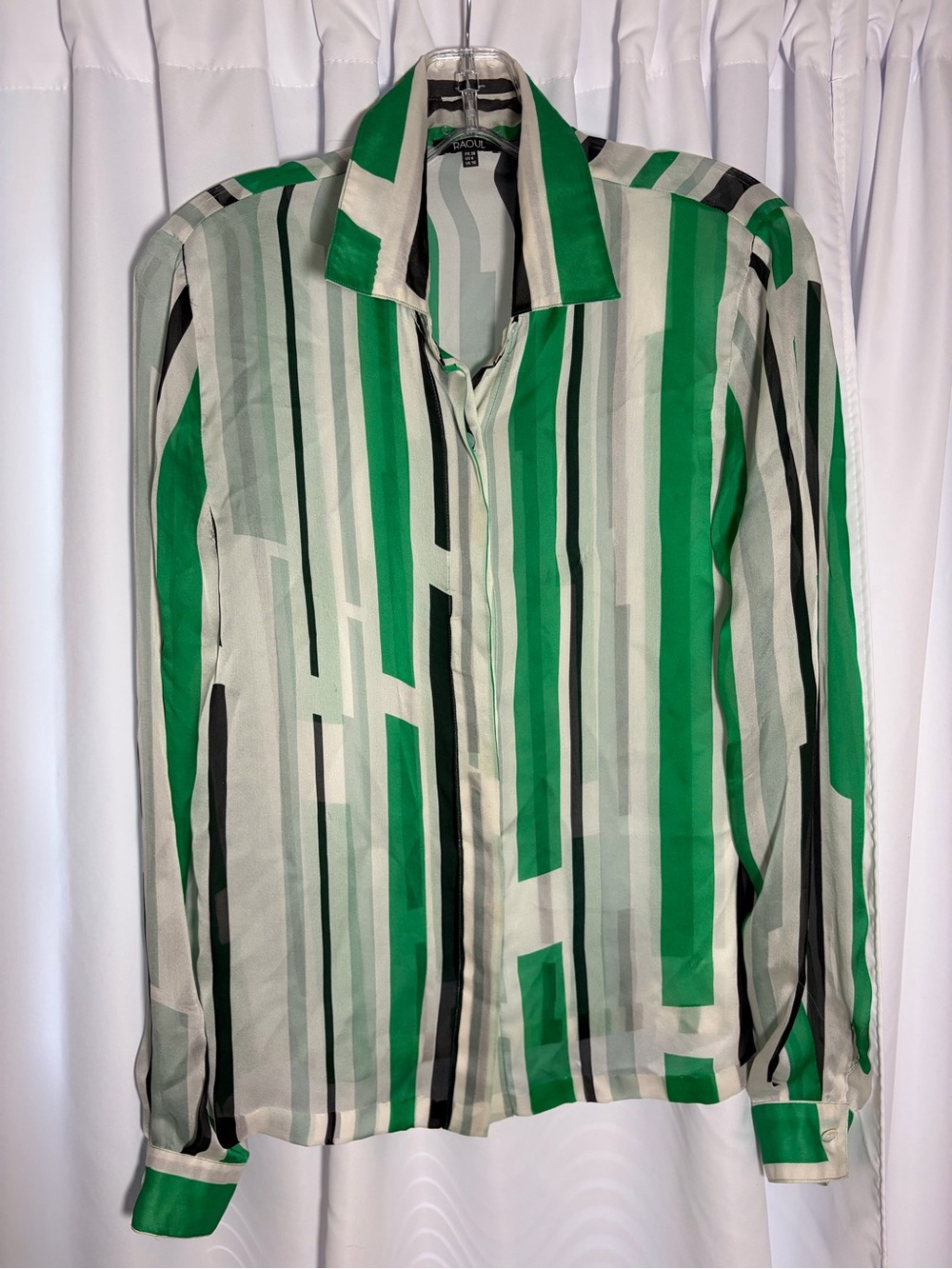 RAOUL Silk Green & Black Stripe/Colorblock  Button Down Blouse  size 6